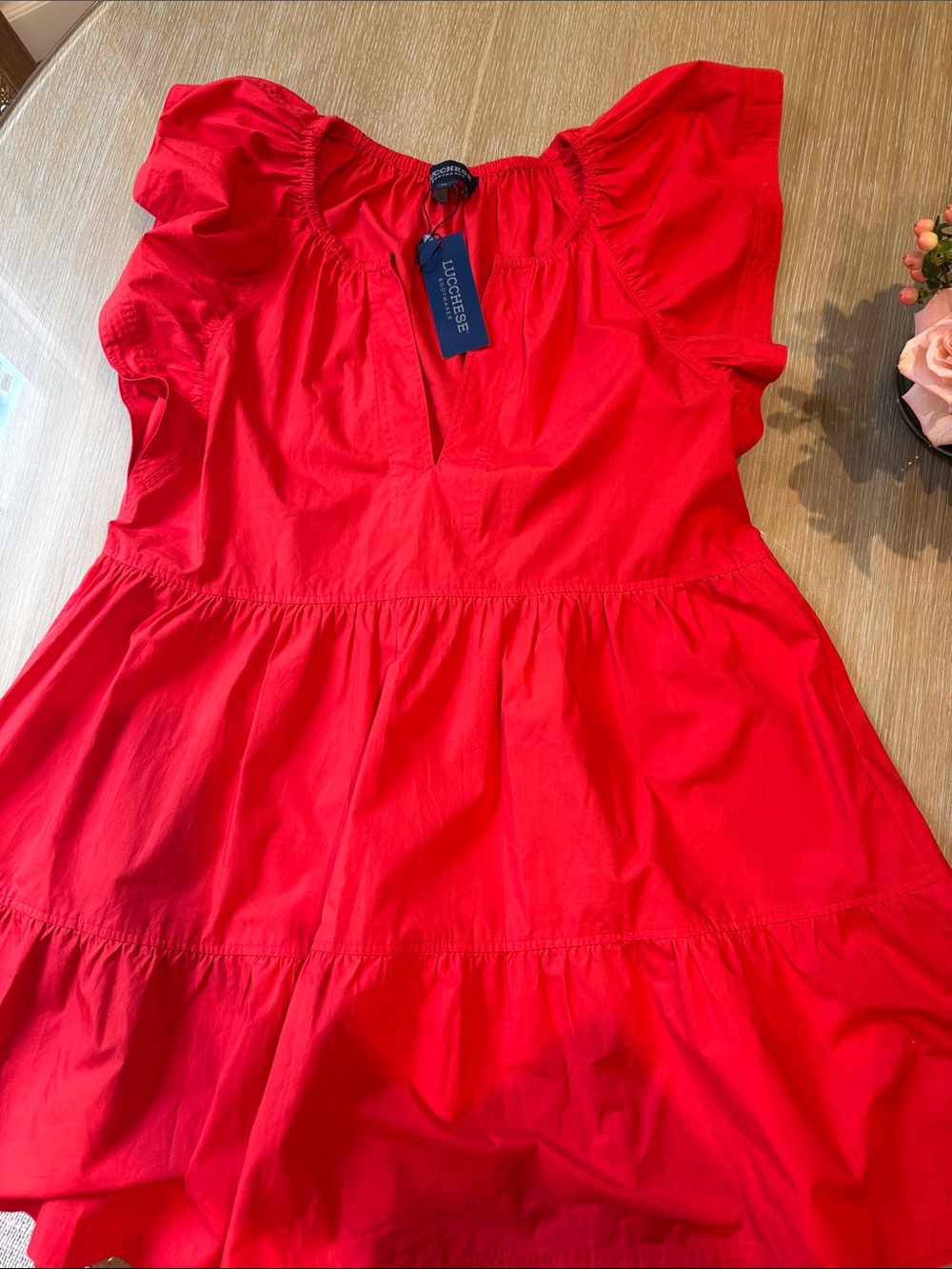 Lucchese Bright Red Ruffle Sleeve Mini Dress